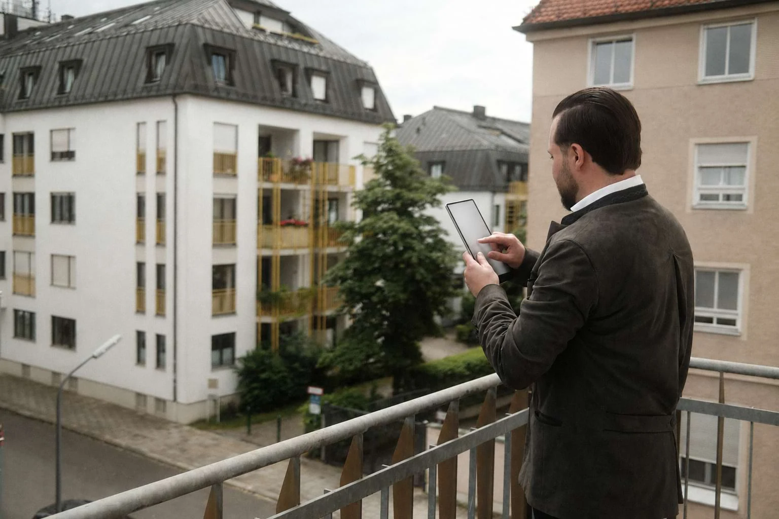 Sachverständiger mit Tablet bei einer Objektbesichtigung auf dem Balkon