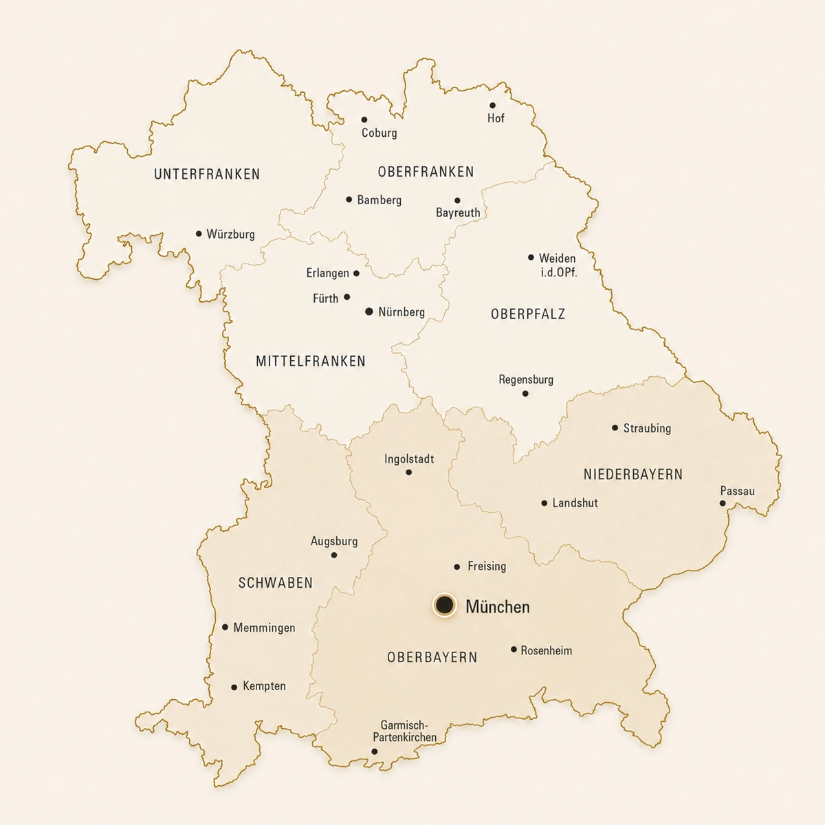 Karte Bayerns mit Regierungsbezirken und Schwerpunkt München